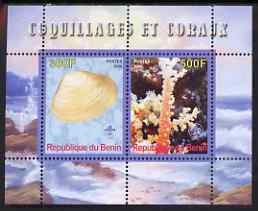 Benin 2008 Shells & Coral #2 perf sheetlet containing 2 values each with Scout Logo, unmounted mint, stamps on marine life, stamps on shells, stamps on coral, stamps on scouts