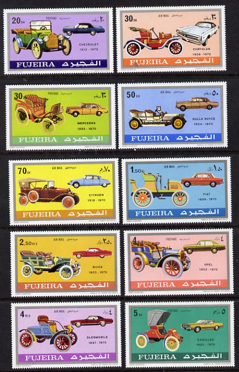 Fujeira 1970 Cars (old & new) set of 10 unmounted mint (Mi 608-17A) , stamps on , stamps on  stamps on cars    rolls-royce    fiat   mercedes    citroen    opel    oldsmobile    buick   cadillac    chevrolet    chrysler