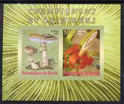 Benin 2008 Fungi & Orchids #1 imperf sheetlet containing 2 values each with Scout Logo, unmounted mint, stamps on fungi, stamps on flowers, stamps on orchids, stamps on scouts