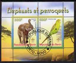 Benin 2008 Elephants & Parrots #2 perf sheetlet containing 2 values each with Scout Logo, fine cto used, stamps on animals, stamps on elephants, stamps on birds, stamps on parrots, stamps on scouts