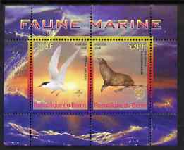 Benin 2008 Marine Fauna #1 perf sheetlet containing 2 values each with Scout Logo, unmounted mint, stamps on animals, stamps on sea lion, stamps on birds, stamps on scouts