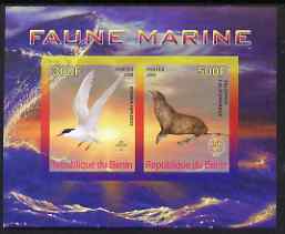 Benin 2008 Marine Fauna #1 imperf sheetlet containing 2 values each with Scout Logo, unmounted mint, stamps on animals, stamps on sea lion, stamps on birds, stamps on scouts