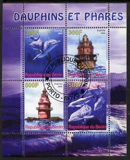 Benin 2008 Dolphins & Lighthouses perf sheetlet containing 4 values, fine cto used, stamps on dolphins, stamps on lighthouses