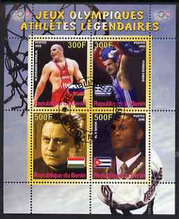 Benin 2008 Famous Olympic Athletes #1 perf sheetlet containing 4 values, fine cto used, stamps on personalities, stamps on sport, stamps on olympics, stamps on weights, stamps on weightlifting, stamps on wrestling, stamps on boxing, stamps on fencing