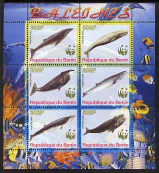 Benin 2008 WWF - Whales perf sheetlet containing 6 values, unmounted mint, stamps on , stamps on  wwf , stamps on whales, stamps on dolphins, stamps on 