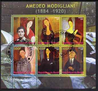 Benin 2008 Amedeo Modigliani perf sheetlet containing 6 values, fine cto used, stamps on arts, stamps on modigliani