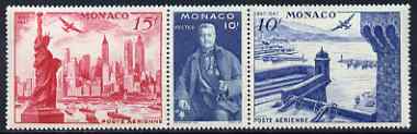 Monaco 1947 International Centenary Stamp Exhibition se-tenant strip of 3 unmounted mint, SG 336a, stamps on americana, stamps on aviation, stamps on statue of liberty, stamps on stamp exhibitions