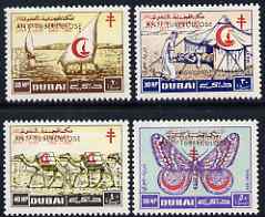 Dubai 1964 Anti-Tuberculosis Campaign overprinted on Red Cross P12 set of 4 unmounted mint, SG 101-4, stamps on deseases, stamps on red cross, stamps on  tb , stamps on red cross, stamps on butterflies, stamps on camels, stamps on ships, stamps on post offices
