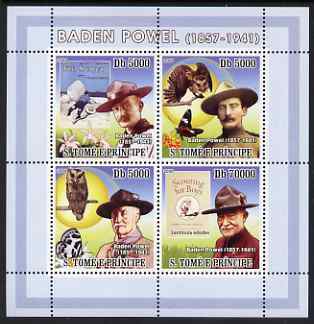 St Thomas & Prince Islands 2008 Baden Powell perf sheetlet containing 4 values unmounted mint , stamps on personalities, stamps on scouts, stamps on butterflies, stamps on owls, stamps on orchids, stamps on 