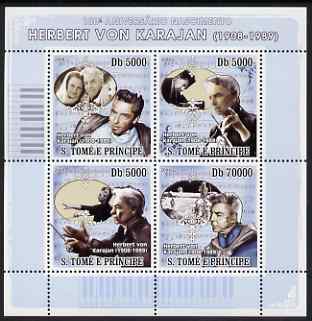 St Thomas & Prince Islands 2008 Herbert Von Karajan (composer) perf sheetlet containing 4 values unmounted mint , stamps on personalities, stamps on music, stamps on composers
