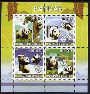 St Thomas & Prince Islands 2008 Pandas perf sheetlet containing 4 values each with Scout Logo, unmounted mint , stamps on animals, stamps on scouts