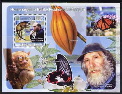 Guinea - Bissau 2008 Chess Champions - Tribute to Bobby Fischer #3 perf souvenir sheet unmounted mint , stamps on chess, stamps on butterflies, stamps on fruit