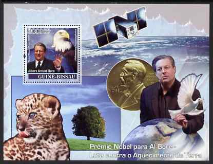Guinea - Bissau 2007 Nobel Prize to Al Gore (Climate Problems) perf souvenir sheet unmounted mint , stamps on personalities, stamps on nobel, stamps on weather, stamps on trees, stamps on cats, stamps on tigers, stamps on birds, stamps on birds of prey, stamps on eagles, stamps on 