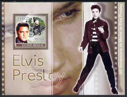 Guinea - Bissau 2007 30th Death Anniversary of Elvis Presley perf souvenir sheet unmounted mint , stamps on personalities, stamps on music, stamps on elvis, stamps on films, stamps on motorbikes