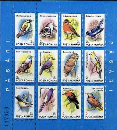 Rumania 1991 Birds #2 sheetlet containing 12 values unmounted mint, Mi BL 266, stamps on , stamps on  stamps on birds     honey-eater    robin     thrush    blackbird    owls   flycatcher   