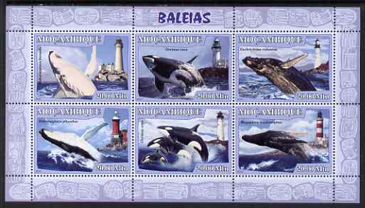 Mozambique 2007 Whales & Lighthouses perf sheetlet containing 6 values unmounted mint Yv 2348-53, stamps on whales, stamps on lighthouses