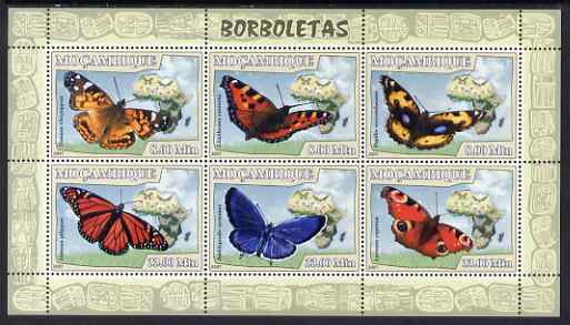 Mozambique 2007 Butterflies perf sheetlet containing 6 values unmounted mint Yv 2354-59, stamps on butterflies, stamps on maps