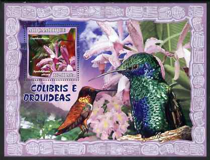 Mozambique 2007 Hummingbirds & Orchids perf souvenir sheet unmounted mint Yv 158, stamps on birds, stamps on hummingbirds, stamps on orchids, stamps on flowers
