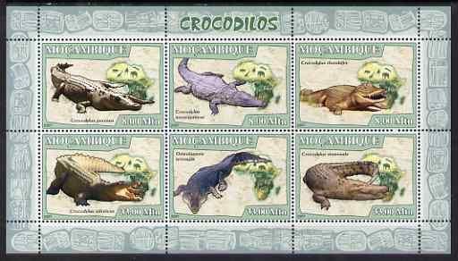 Mozambique 2007 Crocodiles perf sheetlet containing 6 values unmounted mint Yv 2384-89, stamps on amphibians, stamps on animals, stamps on crocodiles, stamps on maps