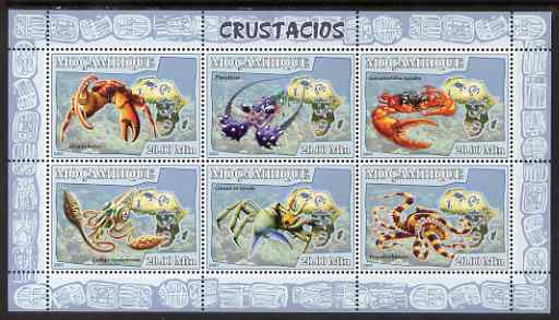 Mozambique 2007 Shellfish perf sheetlet containing 6 values unmounted mint Yv 2390-95, stamps on , stamps on  stamps on crabs, stamps on  stamps on marine life, stamps on  stamps on octopus, stamps on  stamps on squid, stamps on  stamps on maps