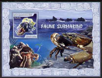Mozambique 2007 Shellfish perf souvenir sheet unmounted mint Yv 160, stamps on crabs, stamps on marine life, stamps on shells, stamps on fish, stamps on maps
