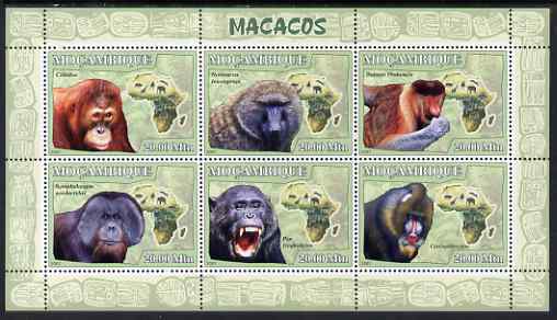 Mozambique 2007 Apes perf sheetlet containing 6 values unmounted mint Yv 2438-43, stamps on animals, stamps on apes, stamps on primates, stamps on maps
