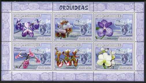 Mozambique 2007 Orchids perf sheetlet containing 6 values unmounted mint Yv 2452-67, stamps on flowers, stamps on orchids, stamps on maps
