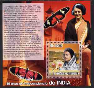St Thomas & Prince Islands 2007 Independence of India - Indira Gandhi perf deluxe s/sheet containing 1 value unmounted mint , stamps on personalities, stamps on constitutions, stamps on gandhi