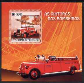 St Thomas & Prince Islands 2007 Fire Engines - Dennis 1933 perf deluxe s/sheet containing 1 value unmounted mint , stamps on fire