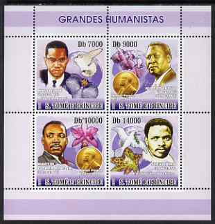 St Thomas & Prince Islands 2007 Great Humanitarians perf sheetlet containing 4 values unmounted mint, stamps on personalities, stamps on peace, stamps on nobel, stamps on doves, stamps on orchids