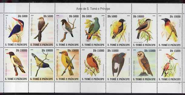 St Thomas & Prince Islands 2007 Birds perf sheetlet containing 14 values unmounted mint (folded through perfs), stamps on birds, stamps on birds of prey, stamps on owls