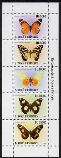 St Thomas & Prince Islands 2007 Butterflies perf sheetlet containing 5 values unmounted mint, stamps on butterflies