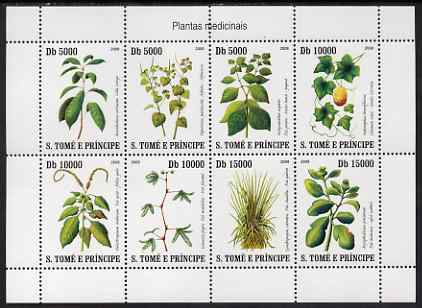 St Thomas & Prince Islands 2007 Medicinal Plants perf sheetlet containing 8 values unmounted mint, stamps on flowers, stamps on medical
