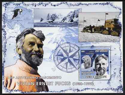 St Thomas & Prince Islands 2008 Vivian Fuchs perf s/sheet containing 1 value unmounted mint, stamps on personalities, stamps on polar, stamps on explorers, stamps on birds, stamps on bears, stamps on 