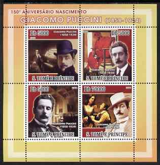 St Thomas & Prince Islands 2008 150th Birth Anniversary of Puccini perf sheetlet containing 4 values unmounted mint, stamps on personalities, stamps on music, stamps on composers, stamps on opera, stamps on puccini