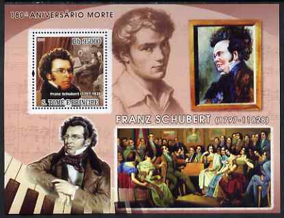 St Thomas & Prince Islands 2008 180th Death Anniversary of Schubert perf s/sheet containing 1 value unmounted mint, stamps on personalities, stamps on music, stamps on composers, stamps on schubert