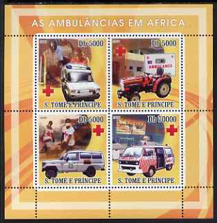 St Thomas & Prince Islands 2008 Ambulances of Africa - Red Cross perf sheetlet containing 4 values unmounted mint, stamps on medical, stamps on ambulances, stamps on red cross, stamps on trucks, stamps on tractors