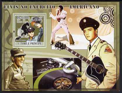 St Thomas & Prince Islands 2008 Elvis in the Army perf s/sheet containing 1 value unmounted mint, stamps on personalities, stamps on music, stamps on pops, stamps on elvis, stamps on movies, stamps on militaria