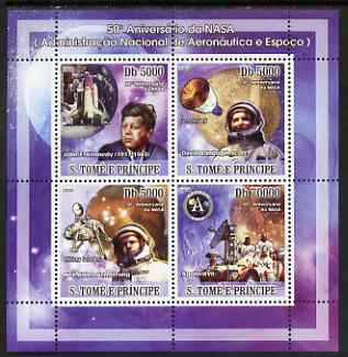 St Thomas & Prince Islands 2008 50th Anniversary of NASA perf sheetlet containing 4 values unmounted mint, stamps on space, stamps on shuttle, stamps on kennedy, stamps on 