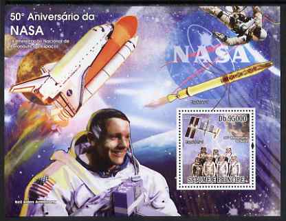 St Thomas & Prince Islands 2008 50th Anniversary of NASA perf s/sheet containing 1 value unmounted mint, stamps on , stamps on  stamps on space, stamps on  stamps on shuttle, stamps on  stamps on 