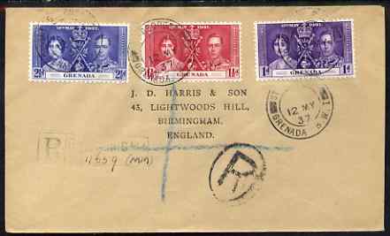 Grenada 1937 KG6 Coronation set of 3 on reg cover with first day cancel addressed to the forger, J D Harris.  Harris was imprisoned for 9 months after Robson Lowe exposed him for applying forged first day cancels to Coronation covers (details supplied)., stamps on , stamps on  kg6 , stamps on forgery, stamps on forger, stamps on forgeries, stamps on coronation