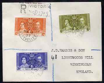 Seychelles 1937 KG6 Coronation set of 3 on reg cover with first day cancel addressed to the forger, J D Harris.  Harris was imprisoned for 9 months after Robson Lowe expo..., stamps on , stamps on  kg6 , stamps on forgery, stamps on forger, stamps on forgeries, stamps on coronation