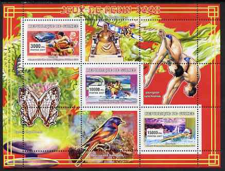 Guinea - Conakry 2007 Sports - 2008 Beijing Olympic Games perf sheetlet #1 containing 3 values unmounted mint Yv 2909-11, stamps on sport, stamps on olympics, stamps on wrestling, stamps on canoeing, stamps on swimming, stamps on satellites, stamps on butterflies, stamps on birds, stamps on diving