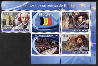 Guinea - Bissau 2008 Europa - 50 Years of Treaty of Rome - Belgium part sheetlet containing 3 values & 2 labels unmounted mint (note the original sheet consisted of 4 stamp but one had to be removed to avoid copyright violation), stamps on europa, stamps on personalities, stamps on flags, stamps on arts, stamps on rubens, stamps on brueghel, stamps on masonics, stamps on nobel, stamps on masonry