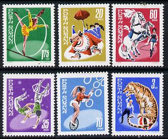 Rumania 1969 State Circus set of 6 unmounted mint, SG 3672-77, Mi 2790-95, stamps on circus, stamps on entertainments, stamps on tigers, stamps on bicycles, stamps on horses