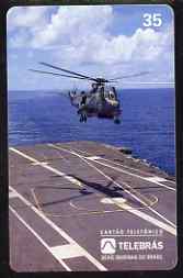 Telephone Card - Brazil 35 units phone card showing Helicopter landing on Aircraft Carrier, stamps on aviation, stamps on helicopters, stamps on ships, stamps on flat tops, stamps on 