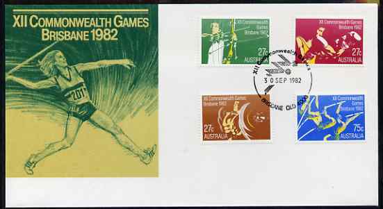 Australia 1982 Commonwealth Games perf set of 4 on illustrated cover with first day cancels , stamps on sport, stamps on athletics, stamps on archery, stamps on boxing, stamps on weightlifting, stamps on weights, stamps on running