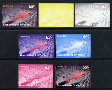 St Vincent - Grenadines 1987 Marine Life 65c Cardinal Fish - the set of 7 imperf progressive proofs comprising the 4 individual colours plus 2, 3 & all 4-colour composites, unmounted mint, as SG 544, stamps on marine life, stamps on fish
