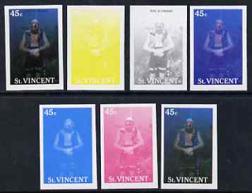 St Vincent 1988 Tourism 45c Scuba Diving - the set of 7 imperf progressive proofs comprising the 4 individual colours plus 2, 3 & all 4-colour composites, unmounted mint,..., stamps on tourism, stamps on scuba