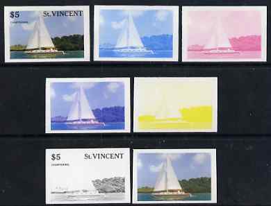 St Vincent 1988 Tourism $5 Cruising Yacht - the set of 7 imperf progressive proofs comprising the 4 individual colours plus 2, 3 & all 4-colour composites, unmounted mint..., stamps on tourism, stamps on yachts, stamps on sailing